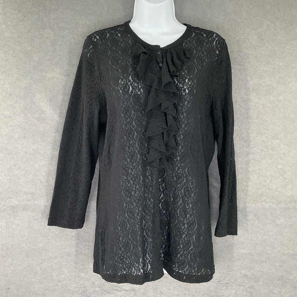 LRL Ralph Lauren Black Lace Ruffle Front Long Sleeveโ Button Up Top Womens Sz L